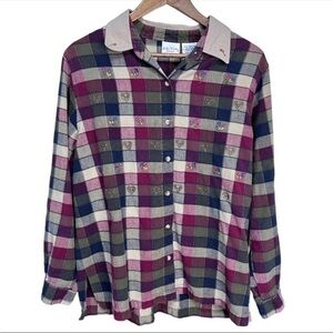 Vtg 90s Plaid Patchwork Embroidered Button Down Floral Shirt 14/16W Collared